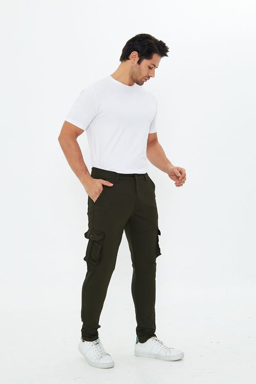 Erkek Slim Fit Yandan Cepli Bel Kemerli Düz Paça Esnek Kumaş Erkek Kargo Pantolon
