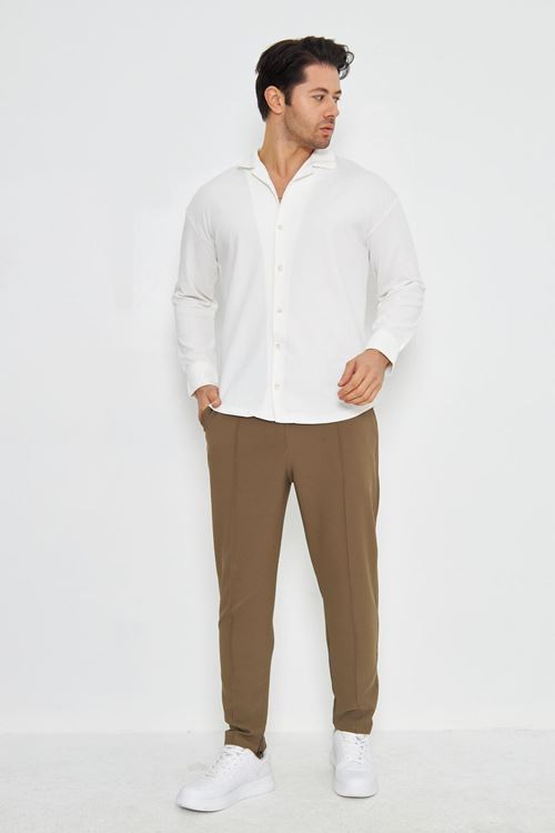 Erkek Yarım Oversize Uzun Kol Apaçi Yaka Ütü Gerektirmeyen Crep Desen Gömlek