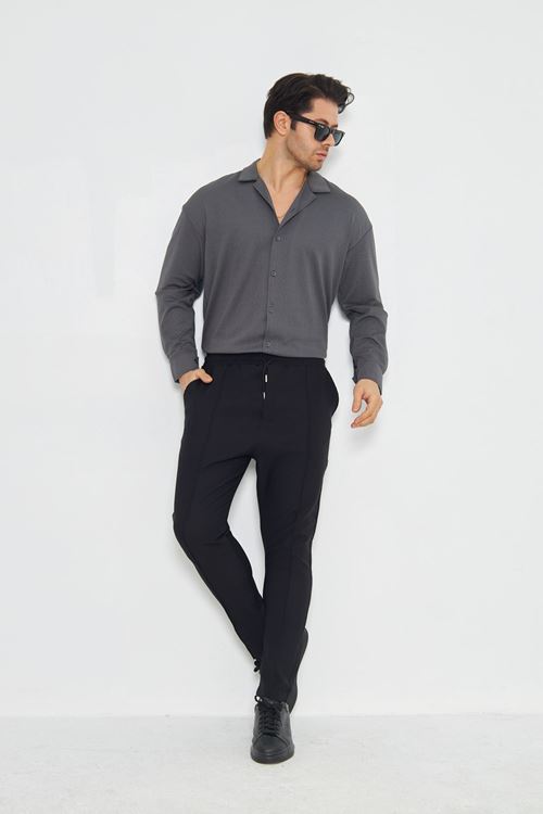 Erkek Yarım Oversize Uzun Kol Apaçi Yaka Ütü Gerektirmeyen Crep Desen Gömlek