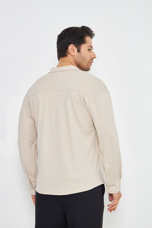 Erkek Yarım Oversize Uzun Kol Apaçi Yaka Ütü Gerektirmeyen Crep Desen Gömlek