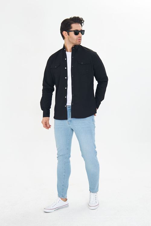 Erkek Siyah Slim Fit Dar Kalıp Çift Cepli Pamuklu Kot Gömlek