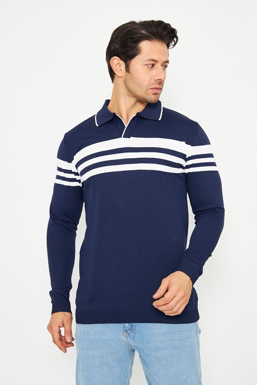 Erkek Gömlek Yaka Göğüs Çizgili Triko Kazak