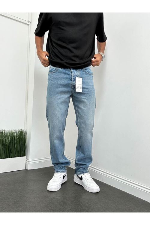 Baggy Mavi Renk Eskitme Kot Pantolon