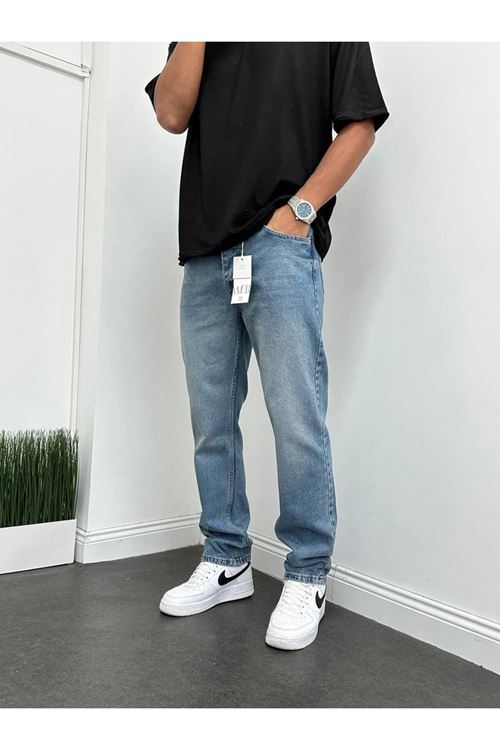 Baggy Mavi Renk Eskitme Kot Pantolon