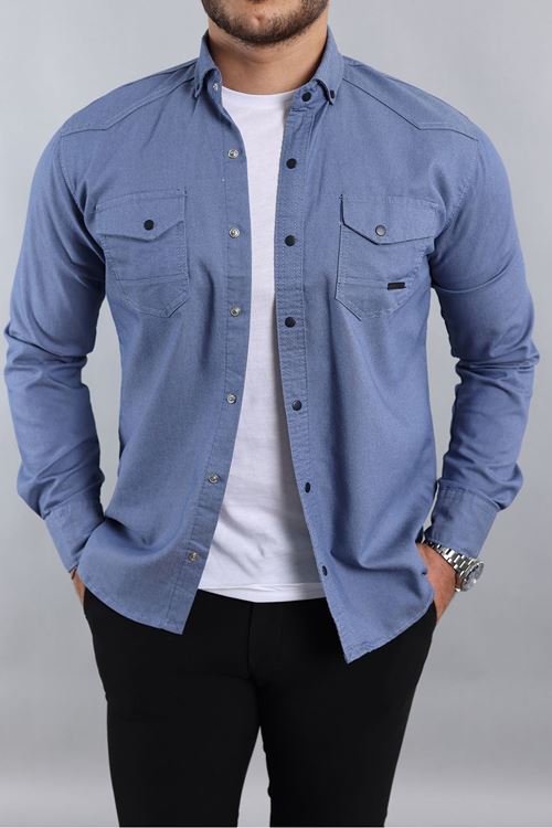 Slim Fit Erkek Kot Gömlek Mavi
