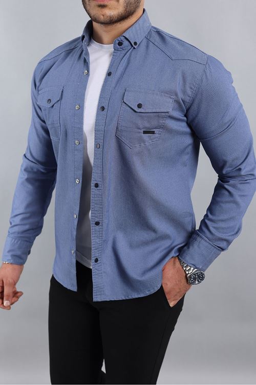 Slim Fit Erkek Kot Gömlek Mavi