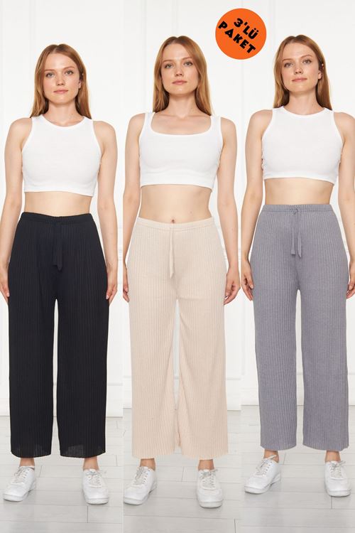 3'lü Füme - Camel- Siyah Kadın Fitilli Raporlu Pantolon & Eşofman, Gündelik Ev Giyim Pijama