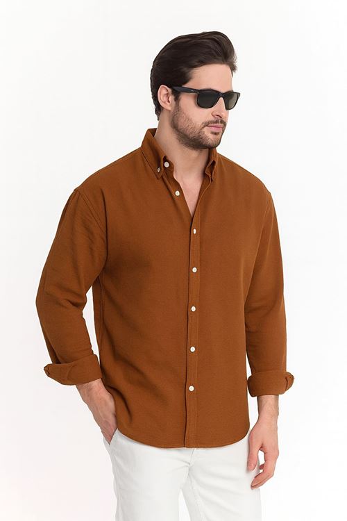 Kahve Oversize Dokulu Aerobin Keten Gömlek Erkek Giyim Kazak Mont Ceket Hırka Sweatshirt