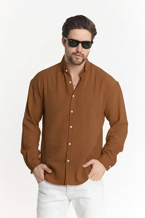 Kahve Oversize Dokulu Aerobin Keten Gömlek Erkek Giyim Kazak Mont Ceket Hırka Sweatshirt