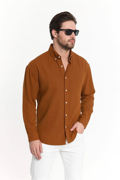 Kahve Oversize Dokulu Aerobin Keten Gömlek Erkek Giyim Kazak Mont Ceket Hırka Sweatshirt