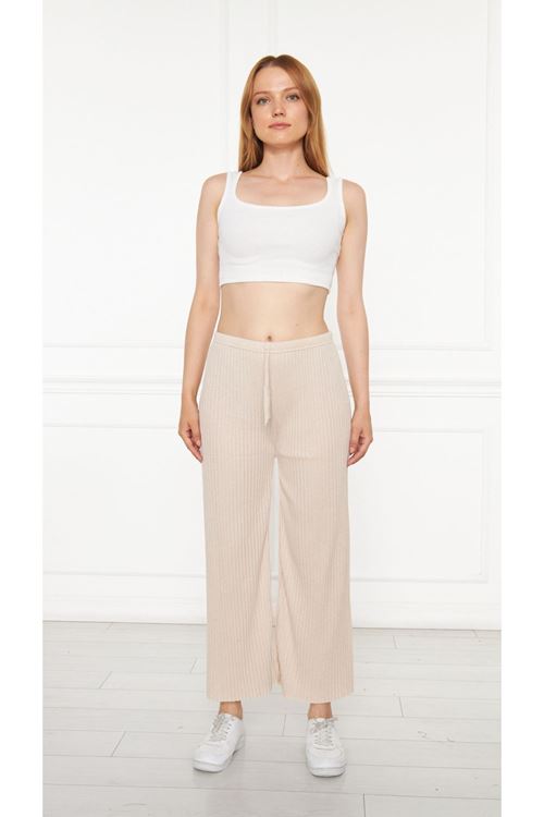 3'lü Füme - Camel- Siyah Kadın Fitilli Raporlu Pantolon & Eşofman, Gündelik Ev Giyim Pijama