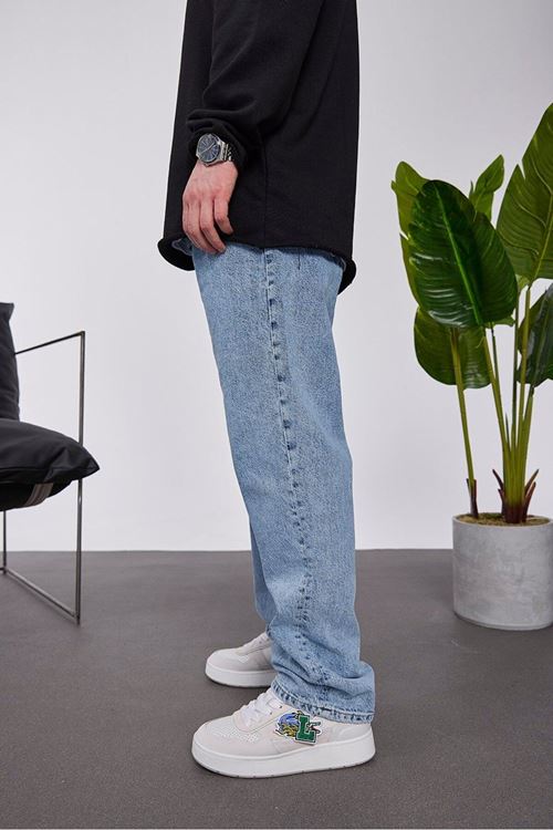 16271-Std Taşlamalı Açık Mavi Baggy Jean