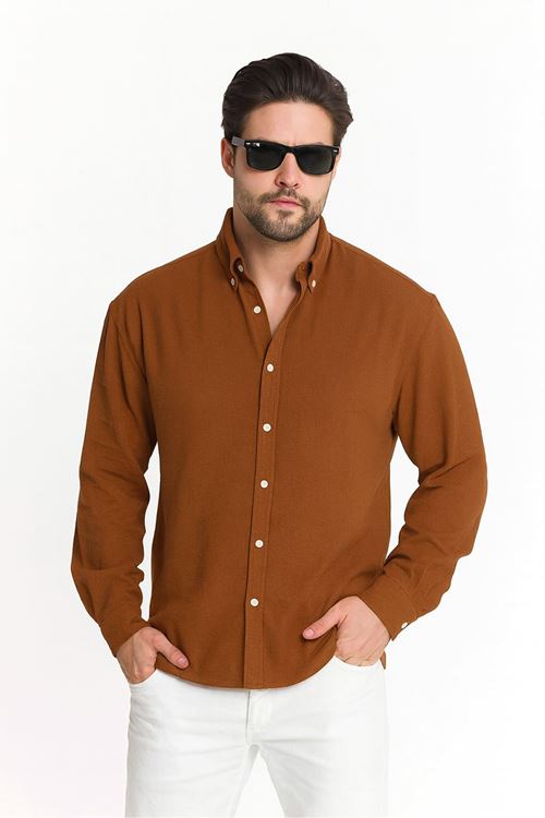 Kahve Oversize Dokulu Aerobin Keten Gömlek Erkek Giyim Kazak Mont Ceket Hırka Sweatshirt