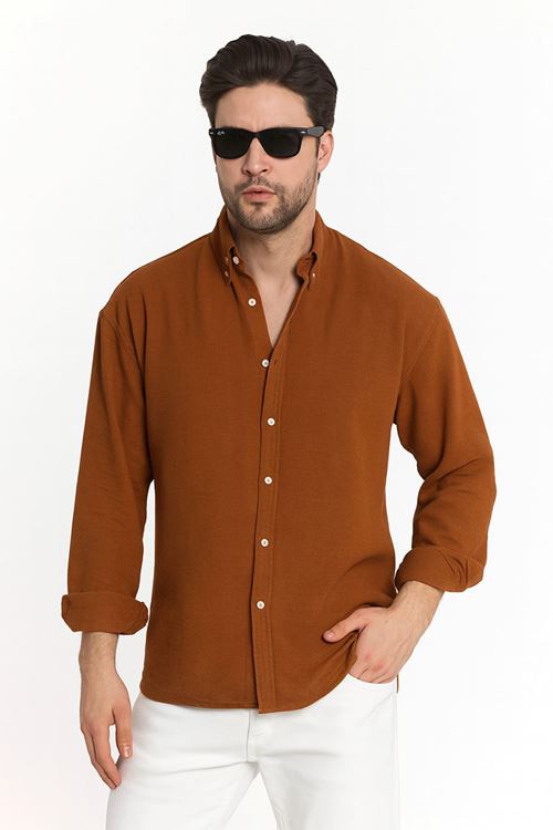 Kahve Oversize Dokulu Aerobin Keten Gömlek Erkek Giyim Kazak Mont Ceket Hırka Sweatshirt