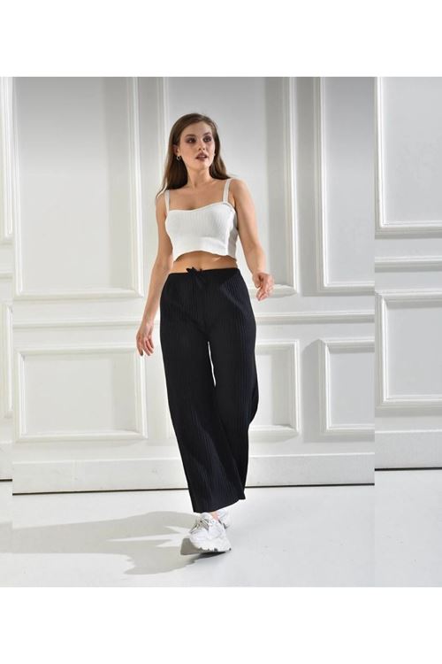 Kadın Siyah Rahat Fitilli Pantolon