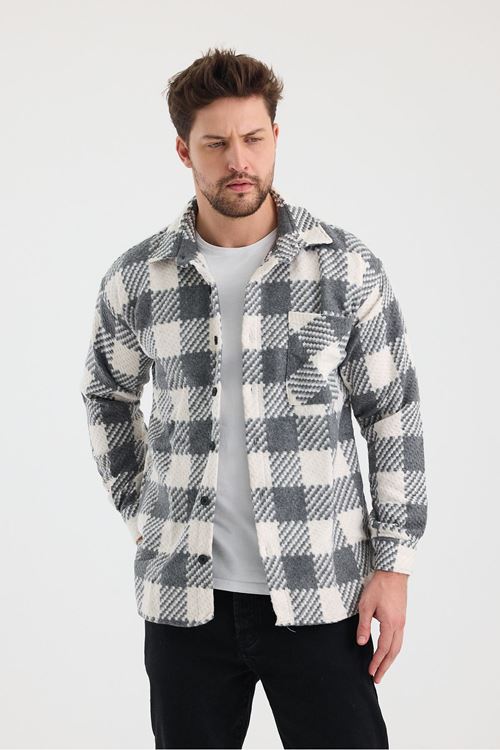 Erkek Slim Fit Tek Cep Kareli Hakiki Oduncu Gömleği Gri