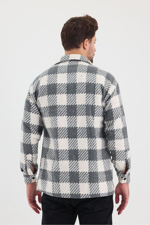 Erkek Slim Fit Tek Cep Kareli Hakiki Oduncu Gömleği Gri