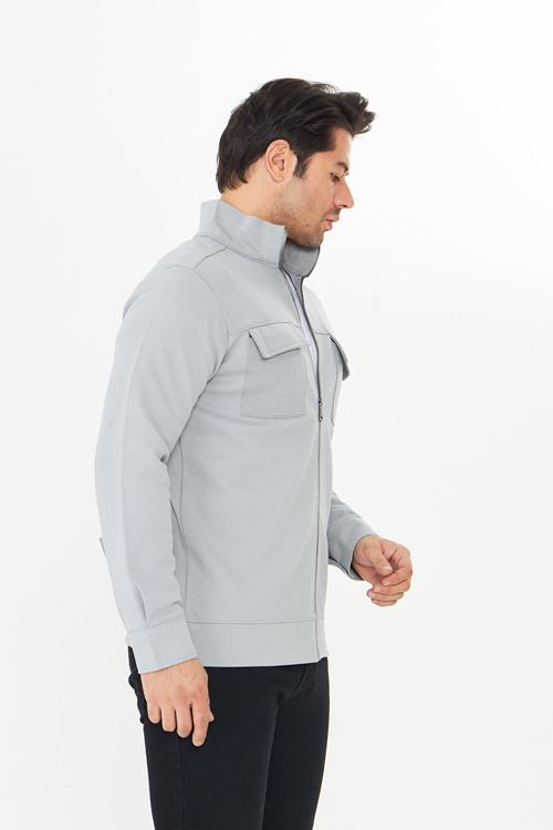 Erkek Çift Cep Kapaklı Parçalı Pike Kumaş Fermuarlı Ceket