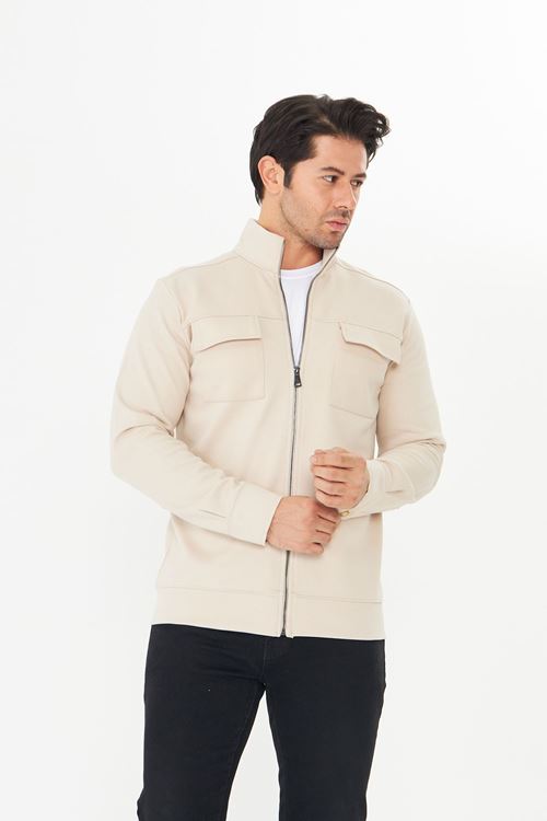 Erkek Çift Cep Kapaklı Parçalı Pike Kumaş Fermuarlı Ceket