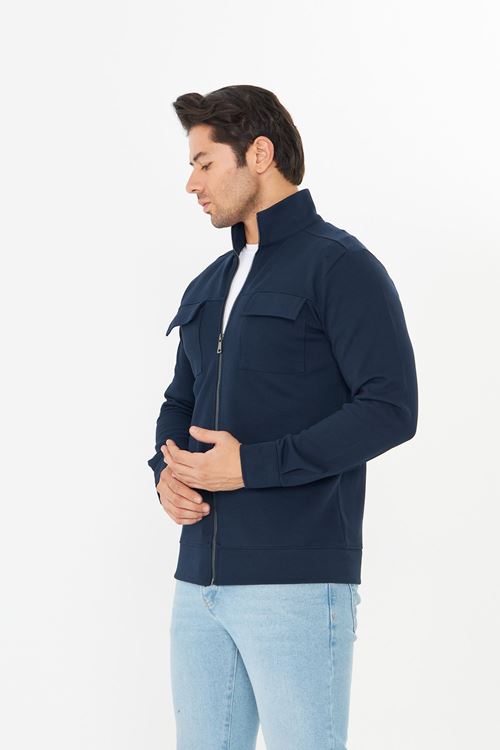 Erkek Çift Cep Kapaklı Parçalı Pike Kumaş Fermuarlı Ceket