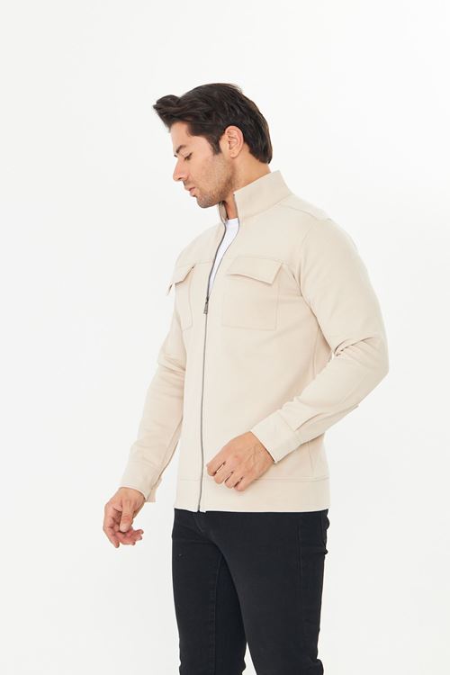 Erkek Çift Cep Kapaklı Parçalı Pike Kumaş Fermuarlı Ceket