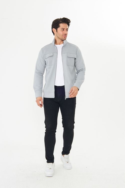Erkek Çift Cep Kapaklı Parçalı Pike Kumaş Fermuarlı Ceket
