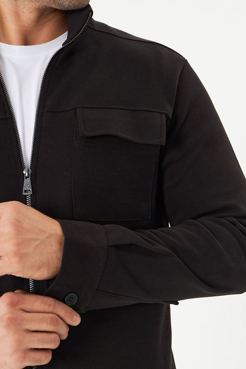 Erkek Çift Cep Kapaklı Parçalı Pike Kumaş Fermuarlı Ceket