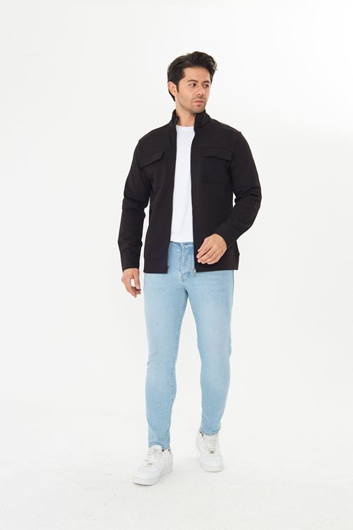 Erkek Çift Cep Kapaklı Parçalı Pike Kumaş Fermuarlı Ceket