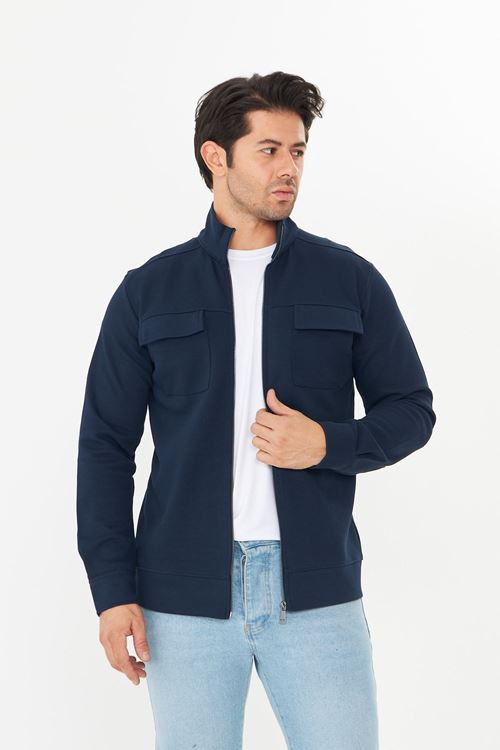 Erkek Çift Cep Kapaklı Parçalı Pike Kumaş Fermuarlı Ceket