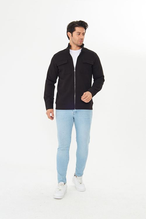 Erkek Çift Cep Kapaklı Parçalı Pike Kumaş Fermuarlı Ceket