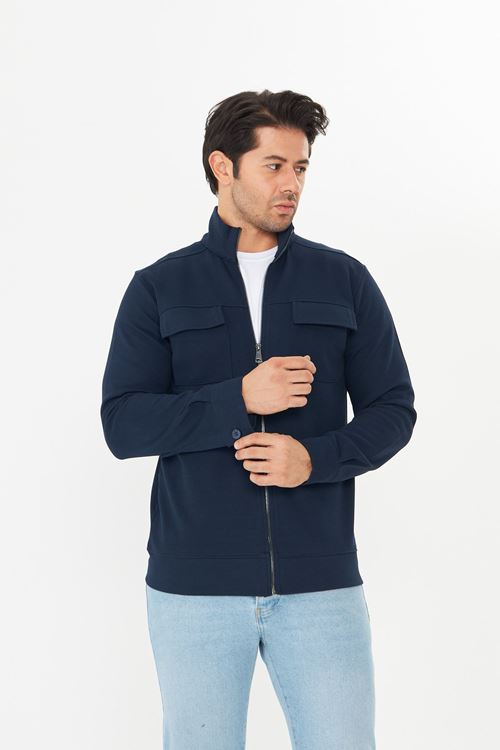 Erkek Çift Cep Kapaklı Parçalı Pike Kumaş Fermuarlı Ceket