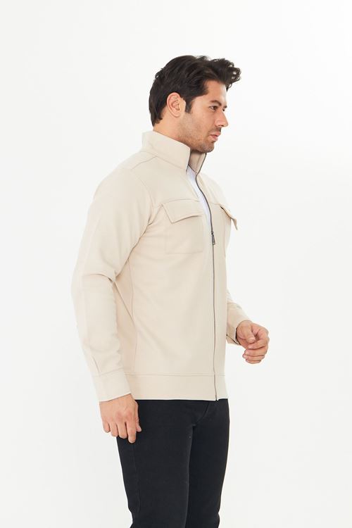 Erkek Çift Cep Kapaklı Parçalı Pike Kumaş Fermuarlı Ceket