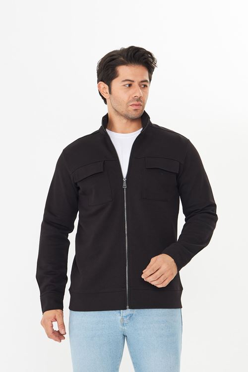 Erkek Çift Cep Kapaklı Parçalı Pike Kumaş Fermuarlı Ceket