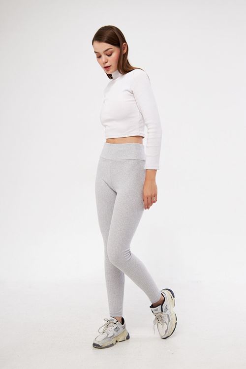 Kadın A.Gri Yüksek Bel Fitilli Slim Bel Toparlayıcı Lastikli Interlok Kışlık Tayt