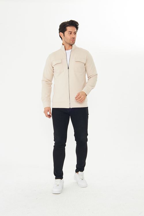 Erkek Çift Cep Kapaklı Parçalı Pike Kumaş Fermuarlı Ceket