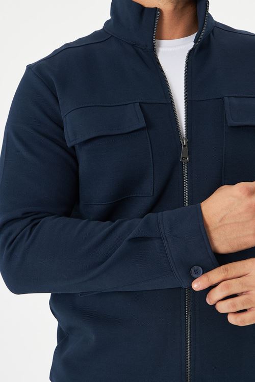 Erkek Çift Cep Kapaklı Parçalı Pike Kumaş Fermuarlı Ceket