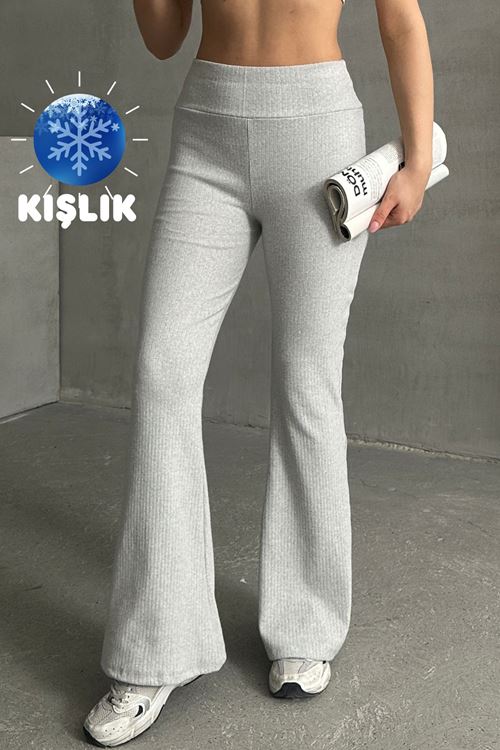 Kadın A.Gri Yüksek Bel Fitilli İspanyol Paça Bel Toparlayıcı Lastikli İnterlok Kışlık Tayt