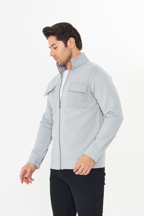 Erkek Çift Cep Kapaklı Parçalı Pike Kumaş Fermuarlı Ceket