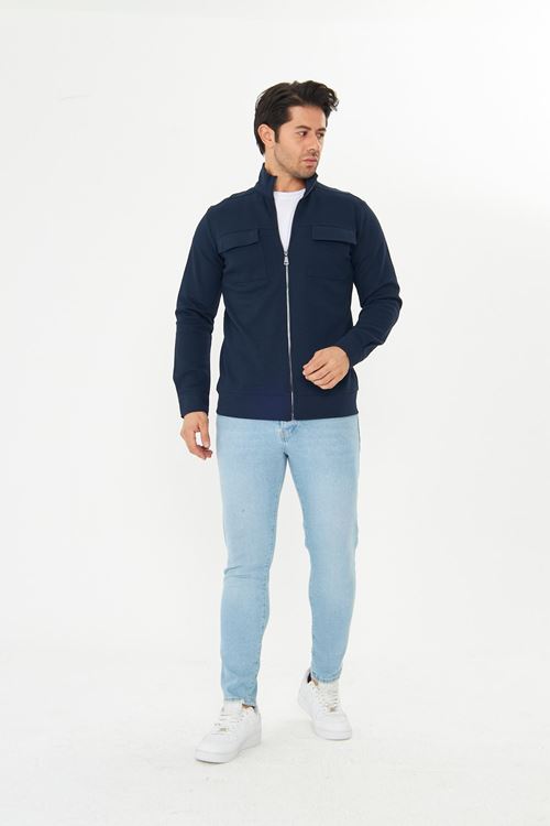 Erkek Çift Cep Kapaklı Parçalı Pike Kumaş Fermuarlı Ceket