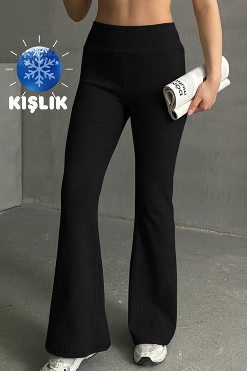 Kadın Siyah Yüksek Bel Fitilli İspanyol Paça Bel Toparlayıcı Lastikli İnterlok Kışlık Tayt