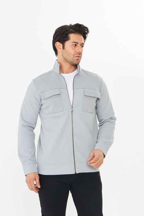 Erkek Çift Cep Kapaklı Parçalı Pike Kumaş Fermuarlı Ceket