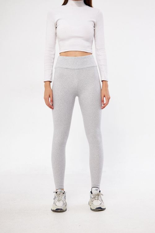 Kadın A.Gri Yüksek Bel Fitilli Slim Bel Toparlayıcı Lastikli Interlok Kışlık Tayt