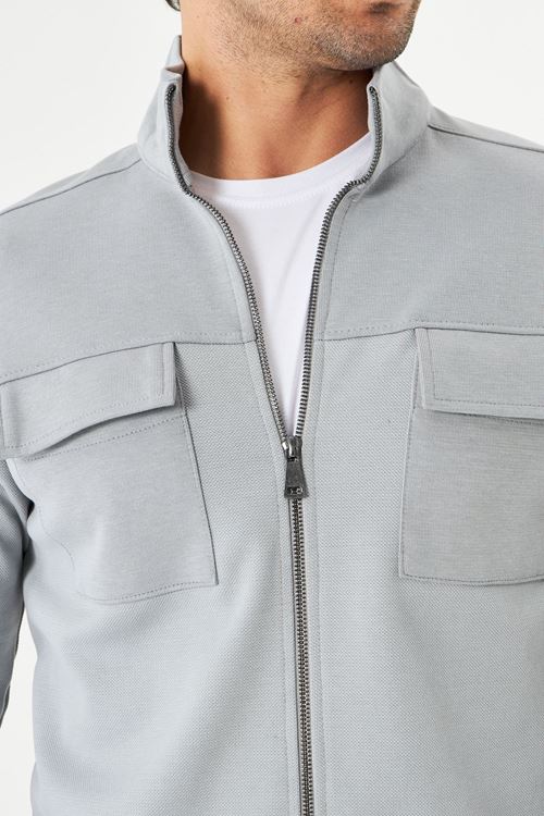 Erkek Çift Cep Kapaklı Parçalı Pike Kumaş Fermuarlı Ceket