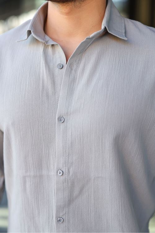 Erkek Oversize Gömlek Yaka Uzun Kollu Keten Gömlek