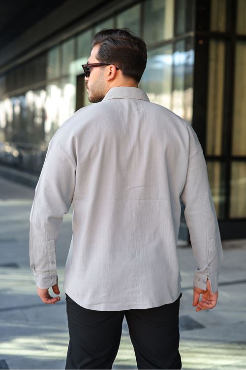 Erkek Oversize Gömlek Yaka Uzun Kollu Keten Gömlek