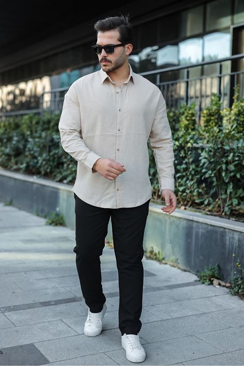 Erkek Oversize Gömlek Yaka Uzun Kollu Keten Gömlek