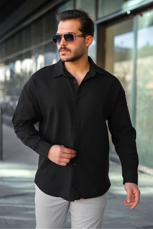 Erkek Oversize Gömlek Yaka Uzun Kollu Keten Gömlek