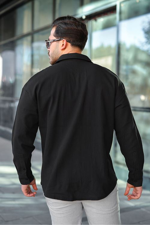 Erkek Oversize Gömlek Yaka Uzun Kollu Keten Gömlek