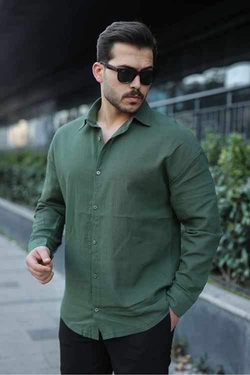 Erkek Oversize Gömlek Yaka Uzun Kollu Keten Gömlek