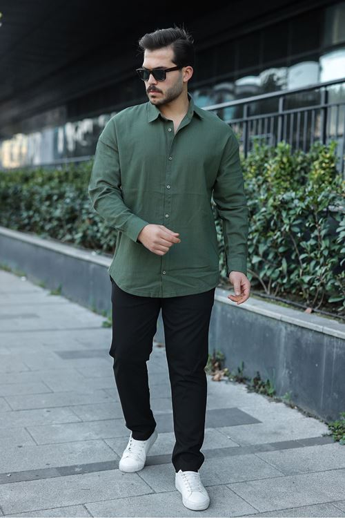 Erkek Oversize Gömlek Yaka Uzun Kollu Keten Gömlek